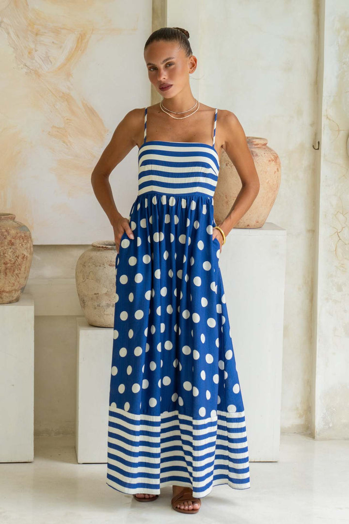 Damen Maxikleid mit verspieltem Streifendesign und großen Punkten Drune