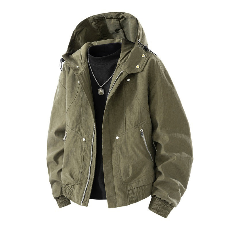 Herren leichte Utility-Kapuzenjacke mit verstaubarer Kapuze, wasserabweisender Beschichtung, Reißverschlusstaschen und elastischen Bündchen Drune