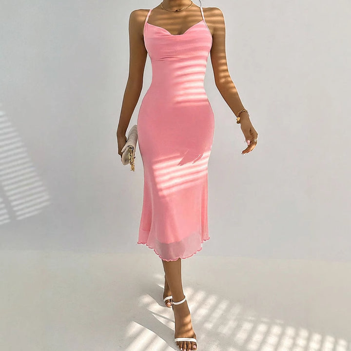Damen Maxikleid mit zarten Spaghettiträgern und transparentem Saum Drune
