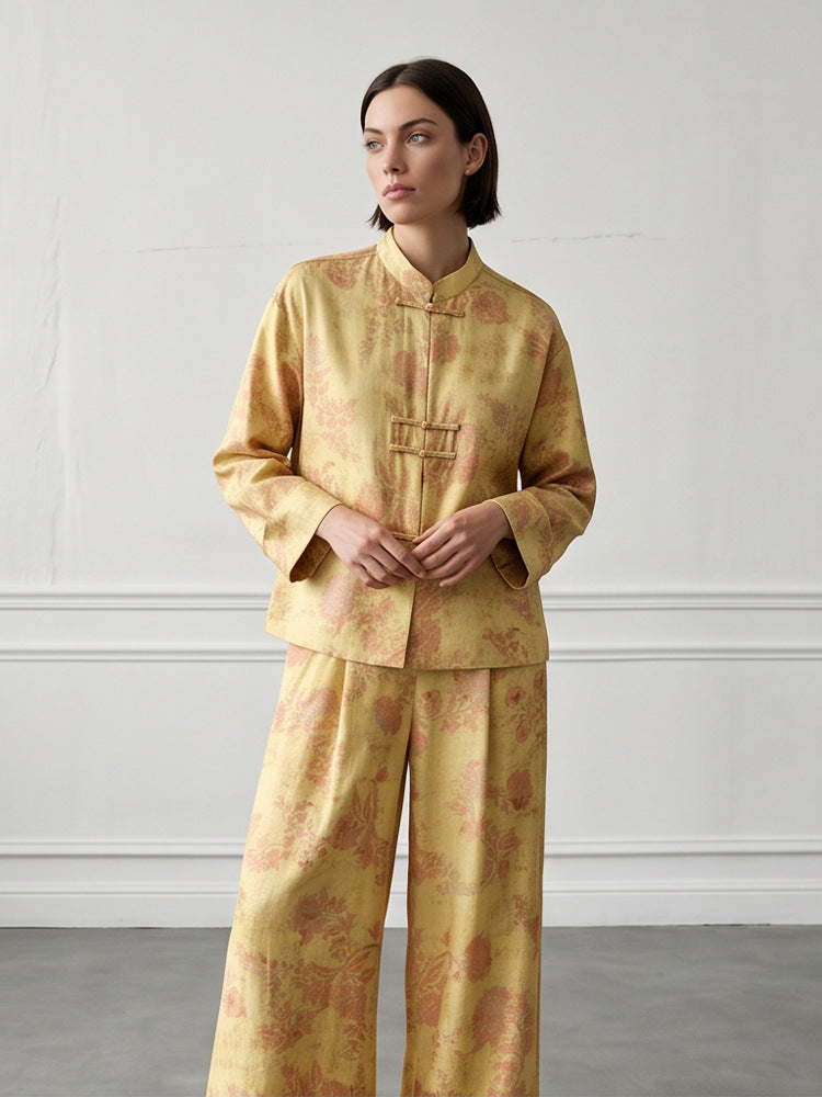 Damen Zweiteiliges Jacquard-Set mit Mandarin-Kragen und weit geschnittener Hose Drune
