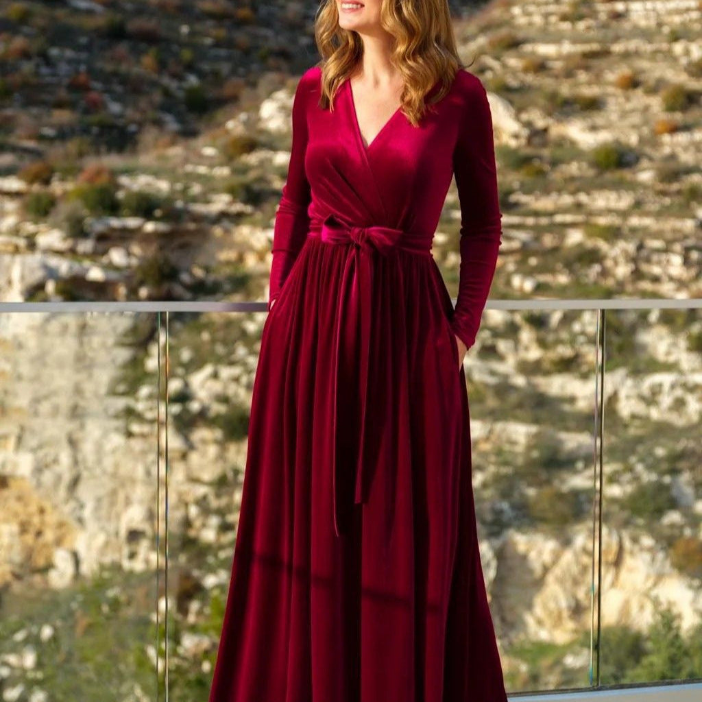 Damen nan elegantes Wickelmaxikleid aus Samt mit V-Ausschnitt, Taillengürtel und seitlichen Eingrifftaschen Drune