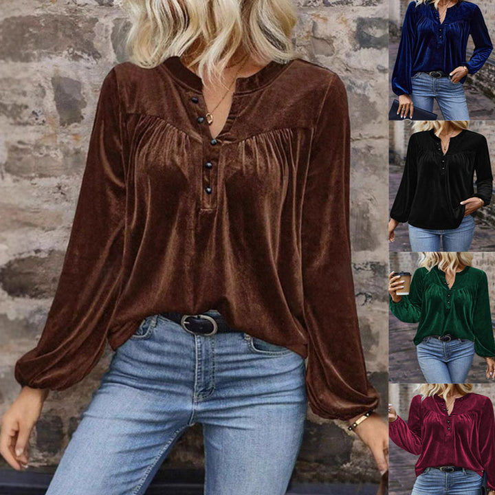 Damen Samtsweatshirt mit Henley-Knopfleiste, geraffter Brustpasse und lockerer Silhouette Drune