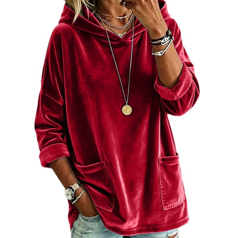 Damen Samt-Hoodie mit Kapuze, Oversize-Schnitt und aufgesetzten Taschen Drune