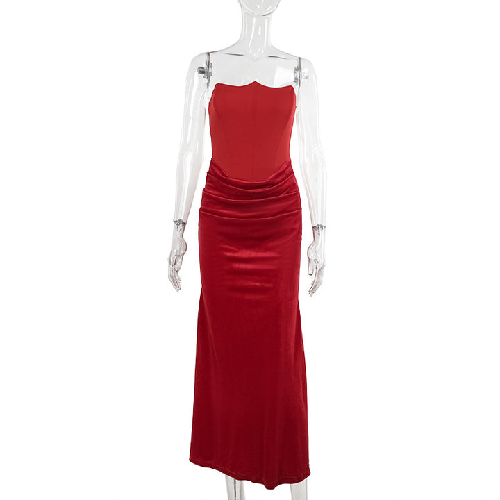 Damen elegantes A-Linien-Maxikleid mit gerafftem Oberteil und trägerlosem Design Drune