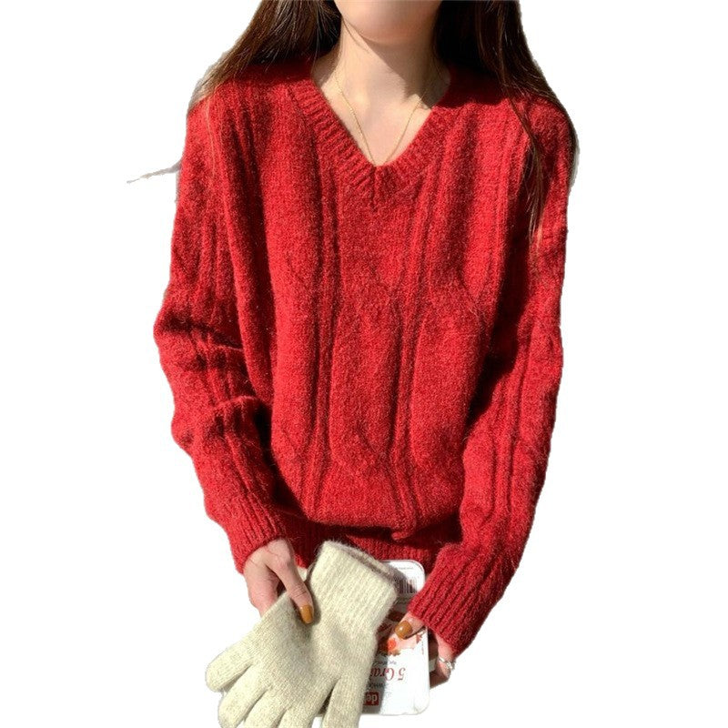 Damen kuscheliger Strickpullover mit V-Ausschnitt und Zopfmuster Drune