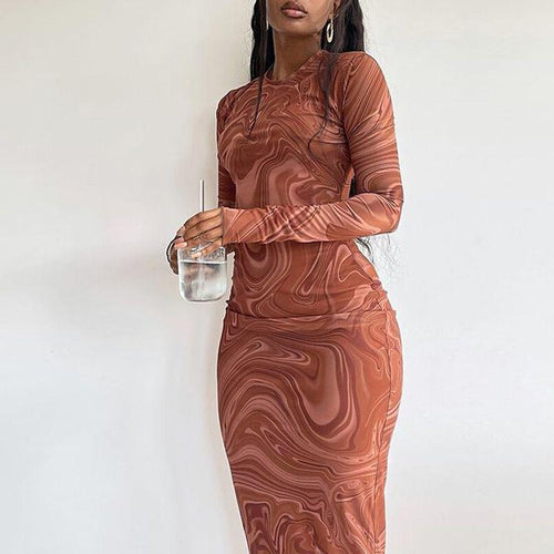 Damen Elegantes Langarmkleid mit modernem Marmormuster und Figurbetontem Schnitt Drune