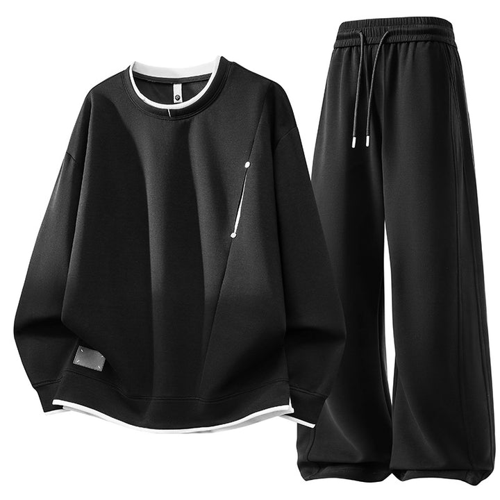 Unisex oversized Freizeitset Neoprenoptik Sweatshirt mit Kontrastbesatz und weiter Jogginghose Drune