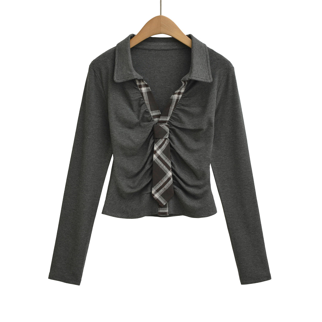 Damen Langarmshirt mit gerafftem Design und modernem Hemdkragen Drune