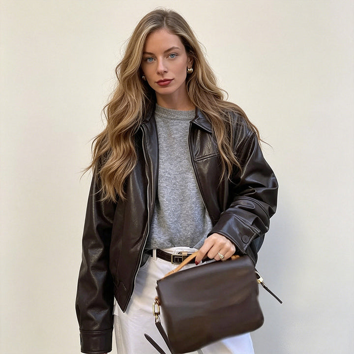 Damen Kurzjacke aus Kunstleder im Oversized-Bomberstil mit Hemdkragen und elastischem Saum Drune
