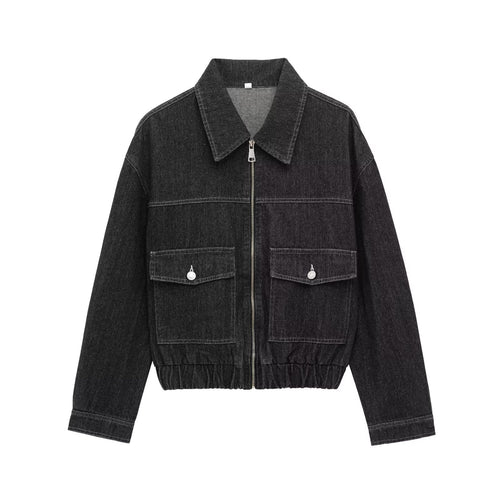 Damen nan Oversize-Jeansjacke mit durchgehendem Metallreißverschluss, aufgesetzten Klappentaschen und elastischem Saum Drune