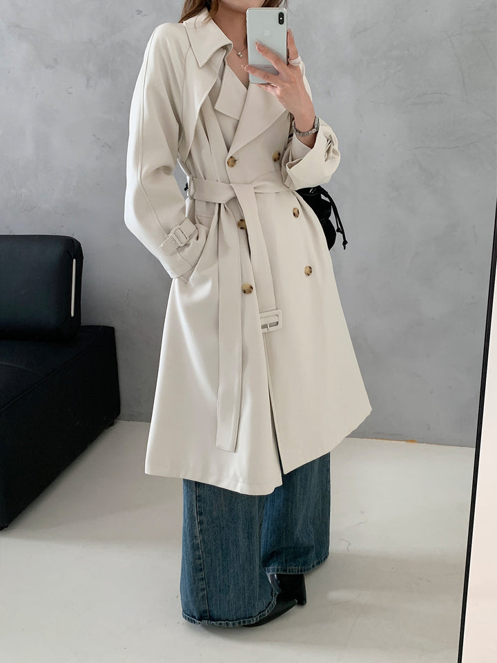 Damen Kastenförmiger Midilanger Trenchcoat mit weichem Fall und verstellbaren Manschetten Drune