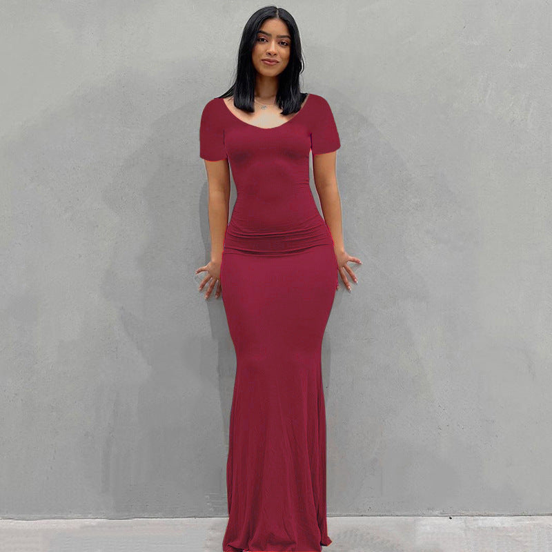 Damen Körperbetontes Maxi‑Jerseykleid mit taillierter Drapierung, langen Ärmeln und ausgestelltem Saum Drune