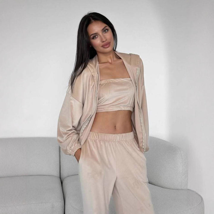 Damen Dreiteiliges Velours-Loungewear-Set mit Cropped-Top, Zip-Hoodie und weitem Palazzo-Hosenbein Drune