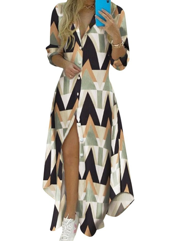 Damen nan knopfbares Maxi-Hemdkleid mit geometrischem Muster, V-Ausschnitt, Kentkragen und hohem Beinschlitz Drune