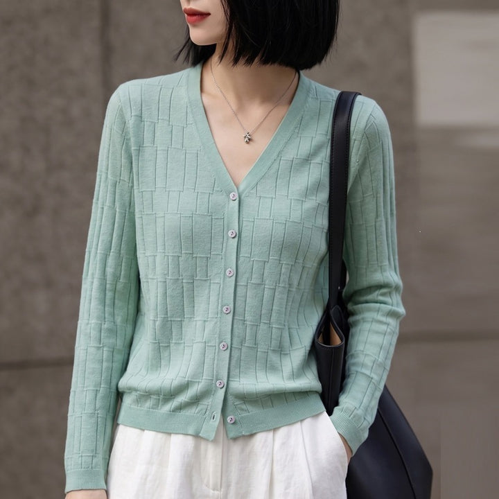 Damen V‑Ausschnitt-Feinstrickcardigan mit strukturierter Blockoptik und durchgehender Knopfleiste Drune