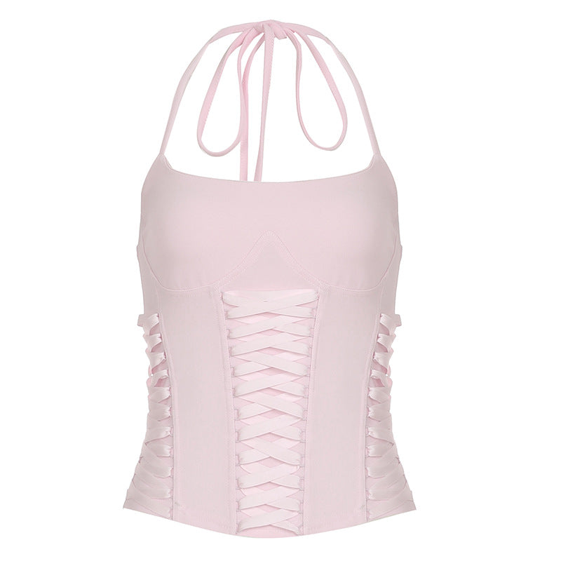 Damen Cropped Oberteil mit dekorativem Bindeband und raffinierten Rüschendetails Drune