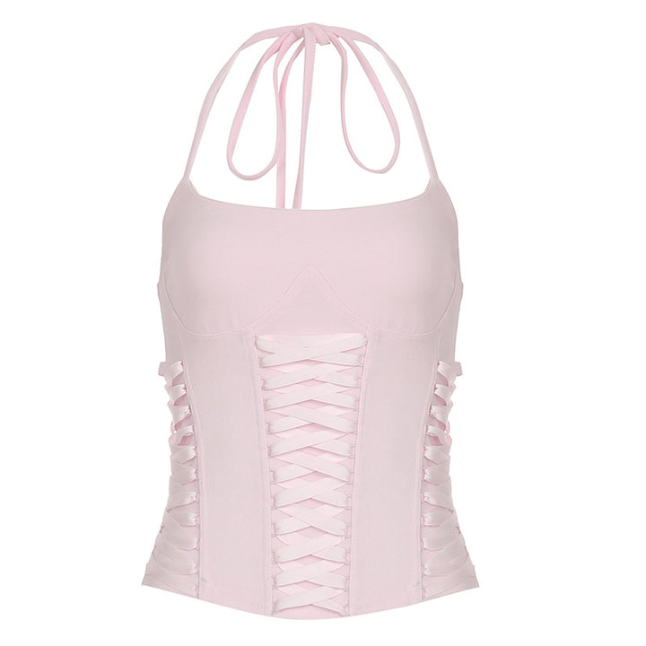 Damen Cropped Oberteil mit dekorativem Bindeband und raffinierten Rüschendetails Drune
