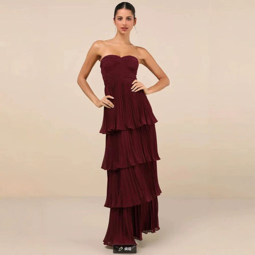 Damen Schickes Maxikleid mit fließendem Rock und Rüschendetails Drune