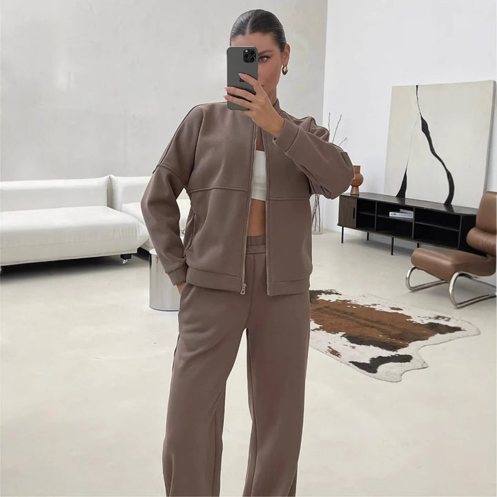 Damen lässiges Zip-Lounge-Set mit Stehkragen und weitem Highwaist-Joggpant Drune