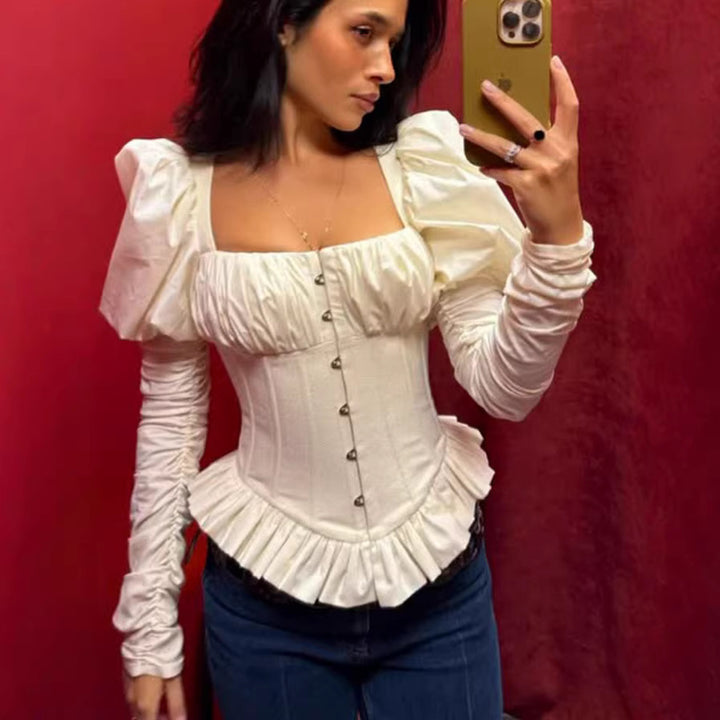 Damen Corsagenbluse mit Puffärmeln, Rüschen-Saum und Schnürdetail Drune