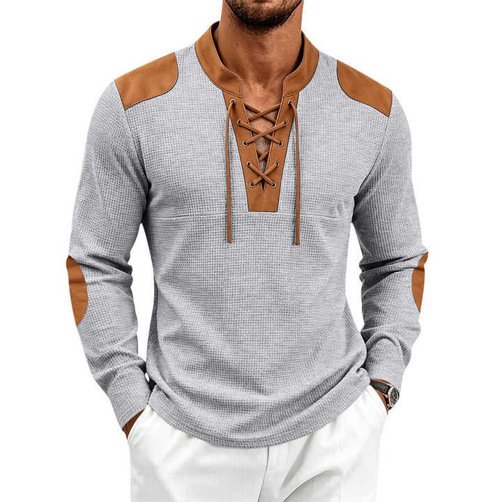 Herren Waffelstruktur-Henley mit Schnürkragen und Kunstleder-Patches Drune