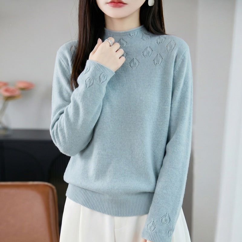 Damen Leichter Stehkragenpullover mit floralem Ajour‑Yoke und feiner Rippkante Drune