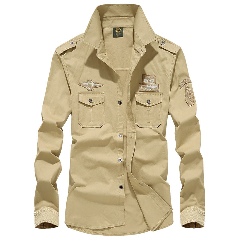 Herren nan militärisch inspiriertes Utility-Hemd aus Baumwollmix mit Epauletten, Brusttaschen und Emblem-Patches Drune