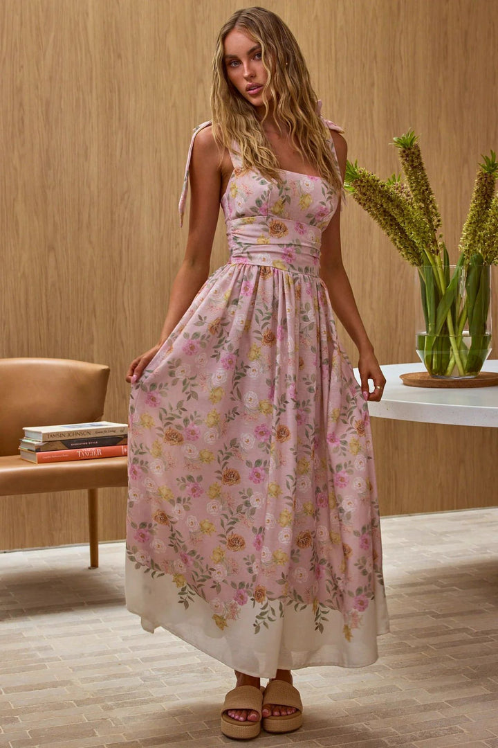 Damen Maxikleid mit floralen Akzenten und verstellbaren Spaghettiträgern Drune