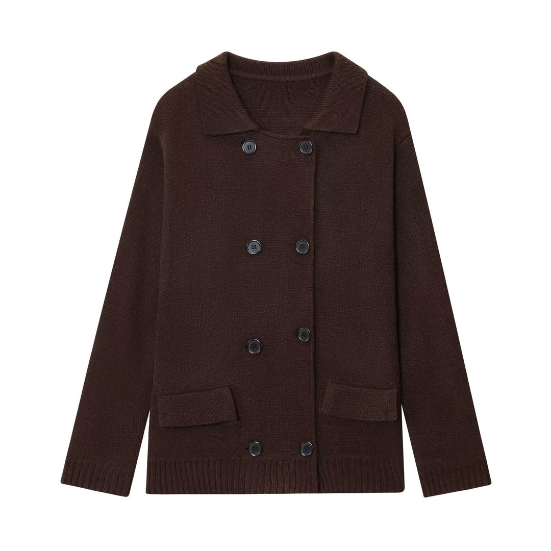 Damen elegante Strickjacke mit doppelter Knopfleiste und praktischen Taschen Drune
