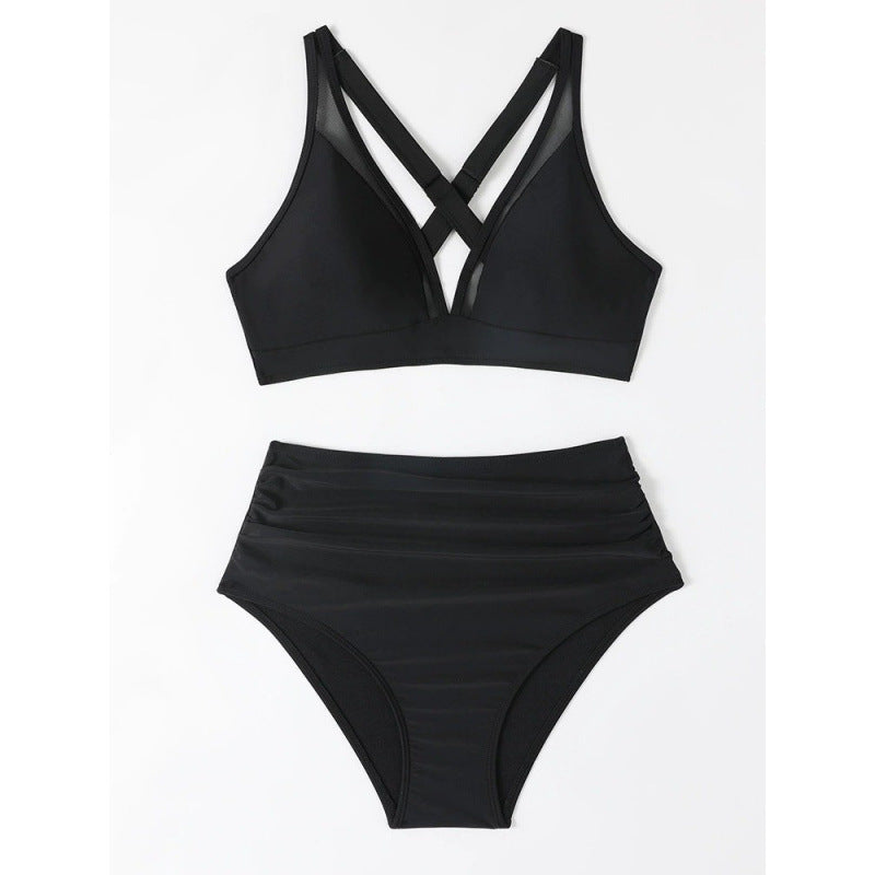 Damen Bikini-Set mit hoch geschnittenem Höschen und modernem Kreuz-Riemen-Design Drune