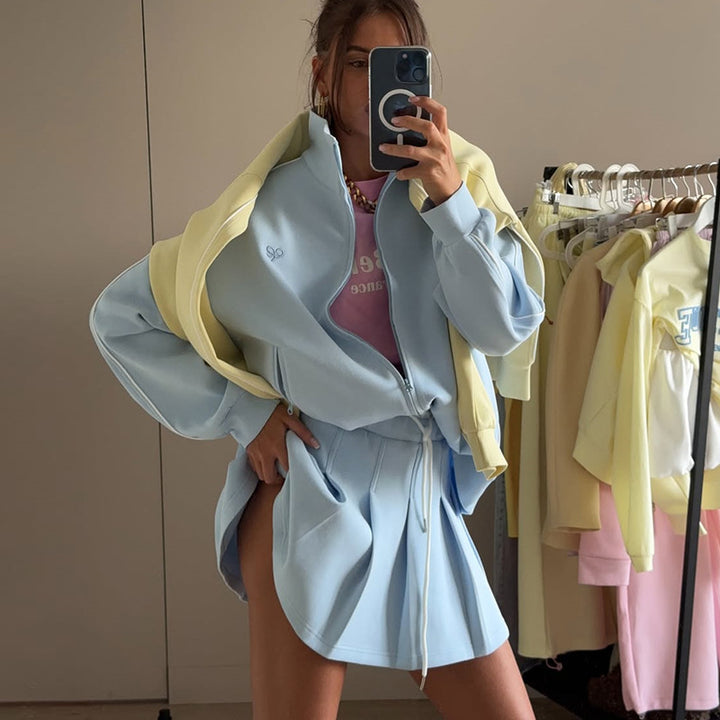 Damen trendige Sport-Loungewear mit komfortablem Oversize-Jacke und Mini-Skirt Drune