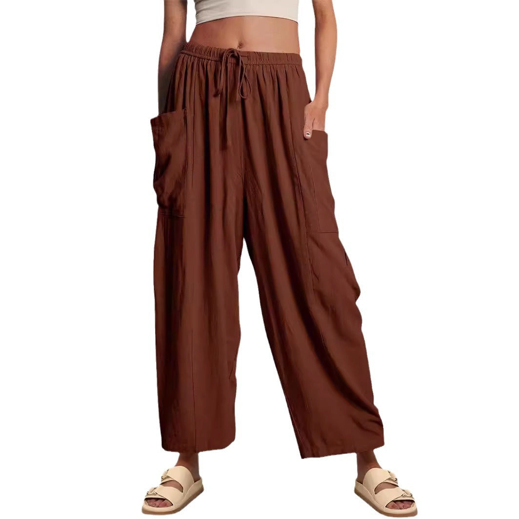 Damen Hochbundweite Weitbein Leinenmix Cargo Cropped Hose Drune
