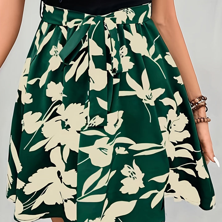 Damen A-Linien Rock mit floralem Design und dekorativem Bindegürtel Drune