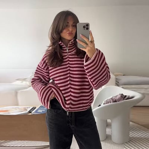Damen Gestreifte Strick‑Zipjacke im Cropped‑Boxy‑Schnitt mit Hemdkragen Drune
