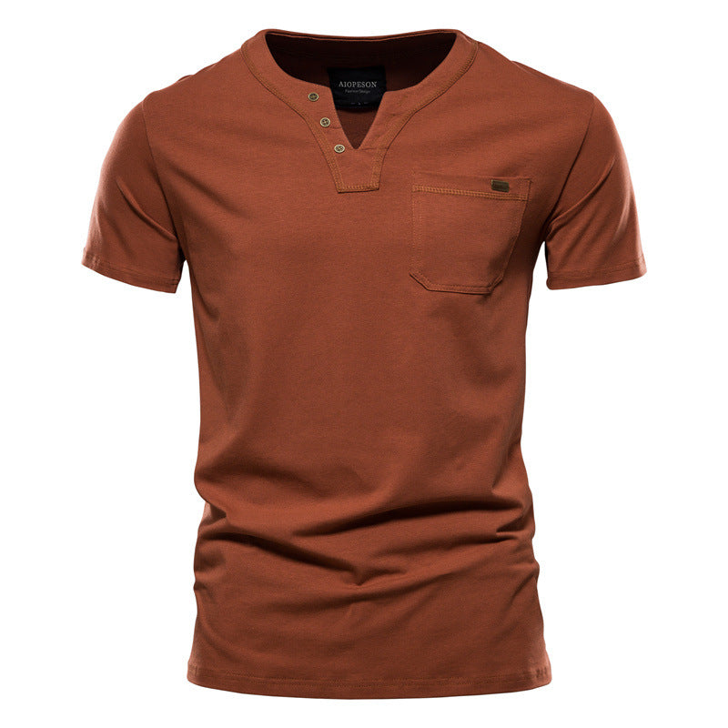 Herren V-Ausschnitt T-Shirt mit Druckknöpfen und Brusttasche Drune