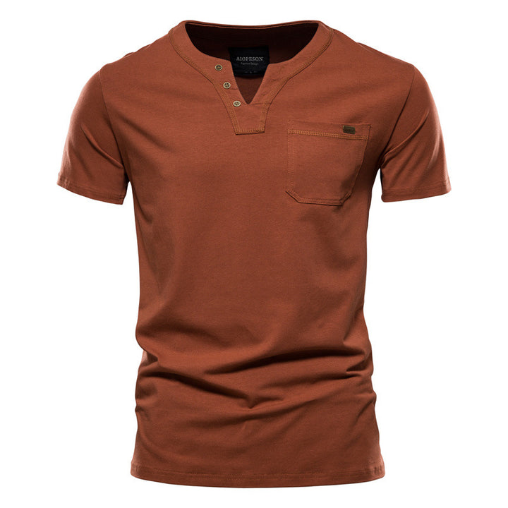 Herren V-Ausschnitt T-Shirt mit Druckknöpfen und Brusttasche Drune