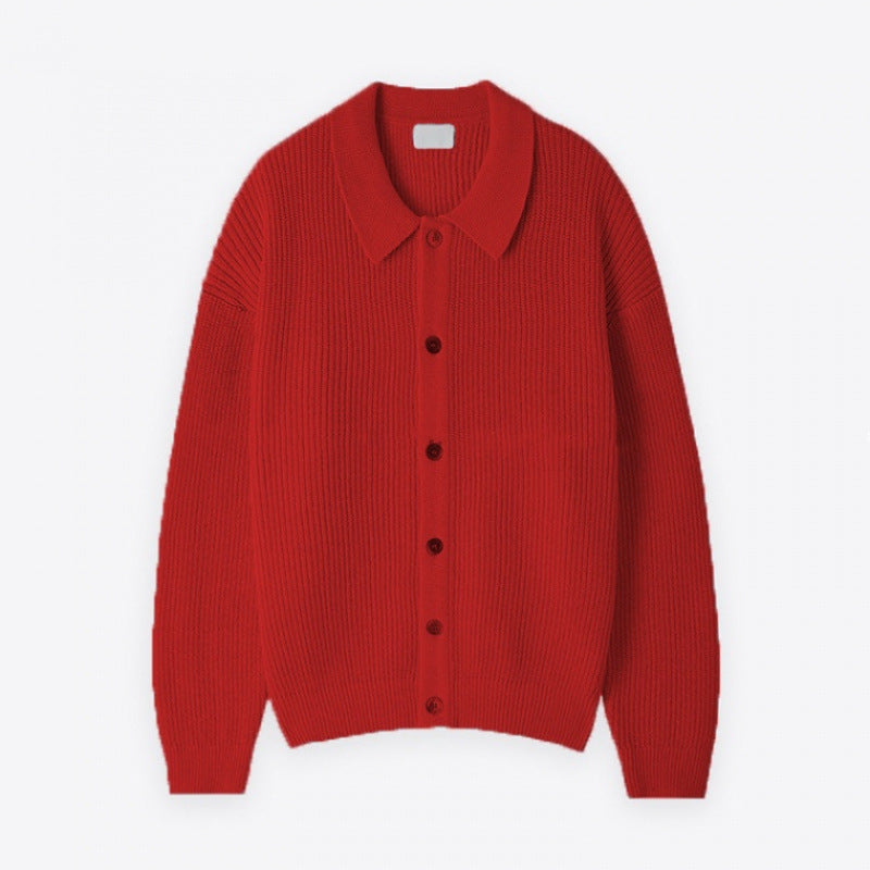 Unisex Grobgerippte Strickjacke mit Hemdkragen und durchgehender Knopfleiste Drune