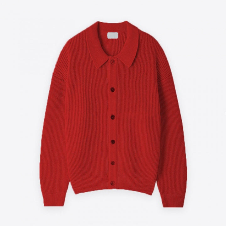 Unisex Grobgerippte Strickjacke mit Hemdkragen und durchgehender Knopfleiste Drune