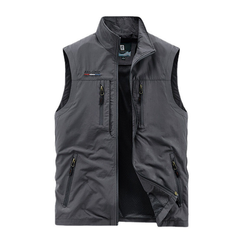 Herren nan multifunktionale Outdoorweste mit Mesh-Innenfutter, mehreren Reißverschlusstaschen und hohem Stehkragen Drune