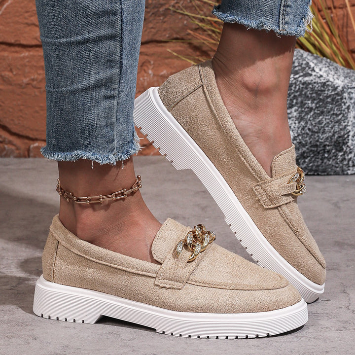 Damen  elegante Slipper mit Plateau-Laufsohle, goldener Schmuckkette und gepolstertem Komfortfußbett Drune