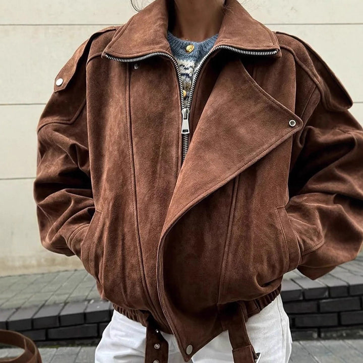 Damen hochwertige Bikerjacke mit breitem Kragen und Gürtel Drune
