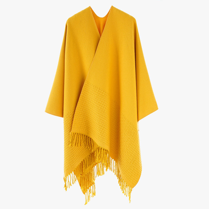 Damen Minimalistischer Wollmix-Capeponcho mit V‑Ausschnitt und Fransen Drune