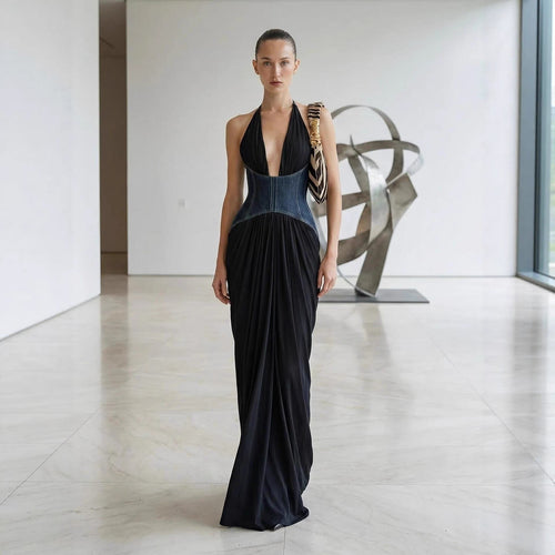 Damen Elegantes Maxi-Kleid mit tiefem V-Ausschnitt und figurformendem Oberteil Drune