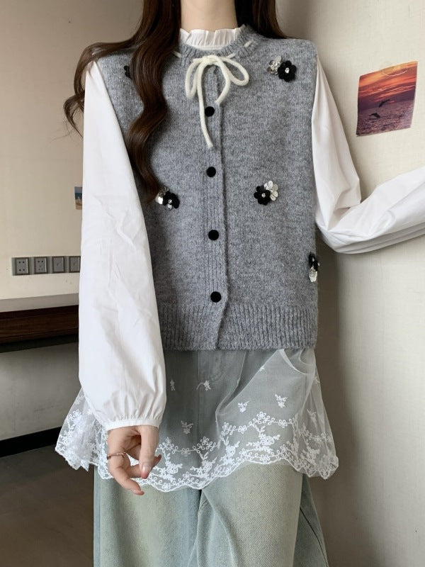 Damen Strickjacke mit dekorativen Blumenapplikationen und Bindeverschluss Drune
