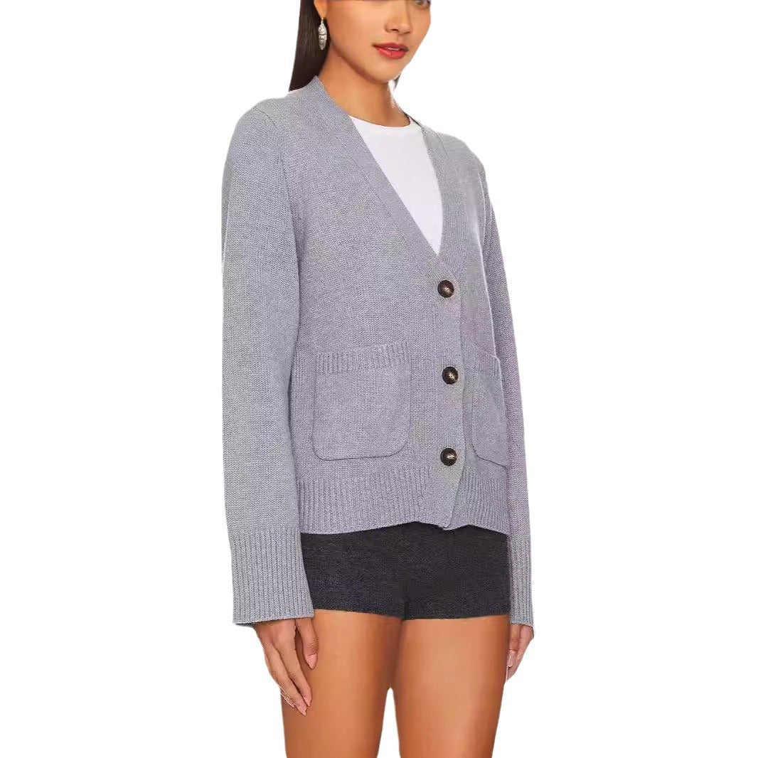 Damen modische Strickjacke mit breit geschnittenen Ärmeln und praktischen Taschen Drune