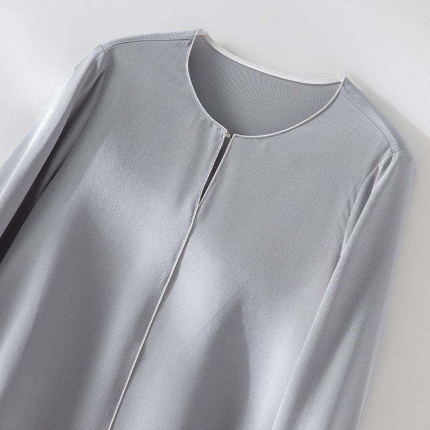 Damen Elegante seidenähnliche Bluse mit Kontrastpaspel und verlängerten Manschetten Drune