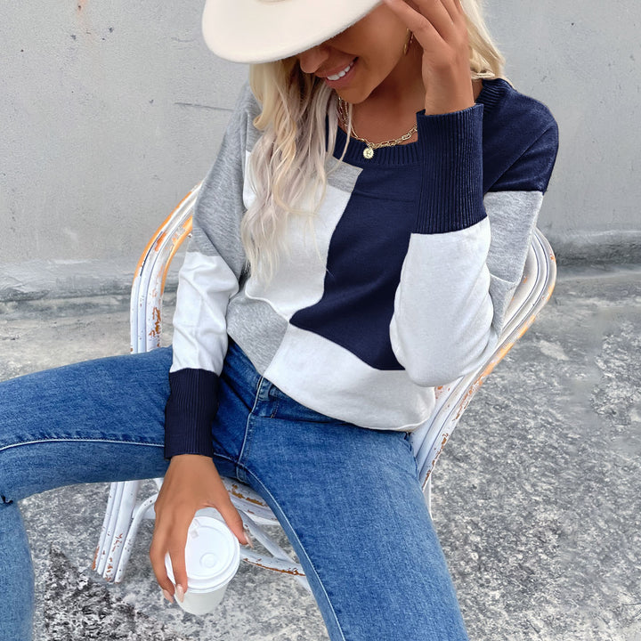 Damen Legerer Feinstrick-Pullover im Blockkaro mit geripptem Saum und lässiger Passform Drune