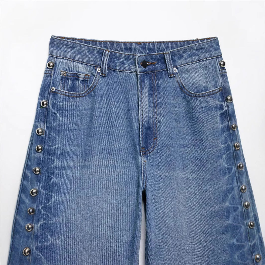 Damen nan weite Highwaist Jeanshose mit Metallösen und seitlicher Schnürung Drune