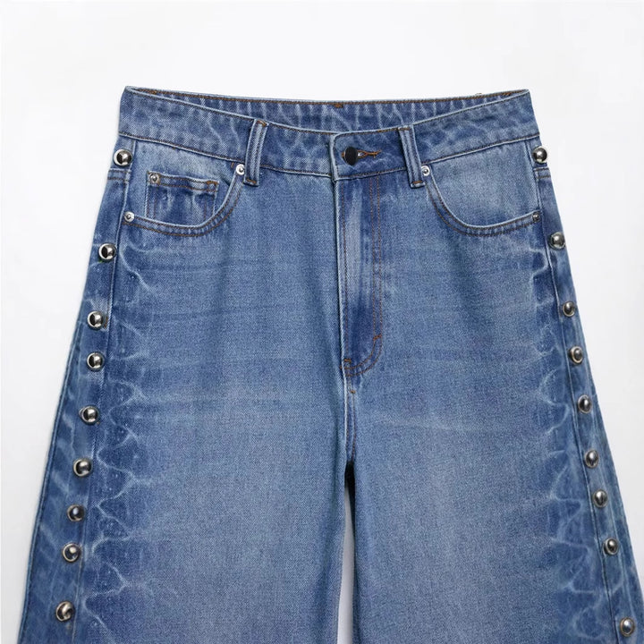 Damen nan weite Highwaist Jeanshose mit Metallösen und seitlicher Schnürung Drune