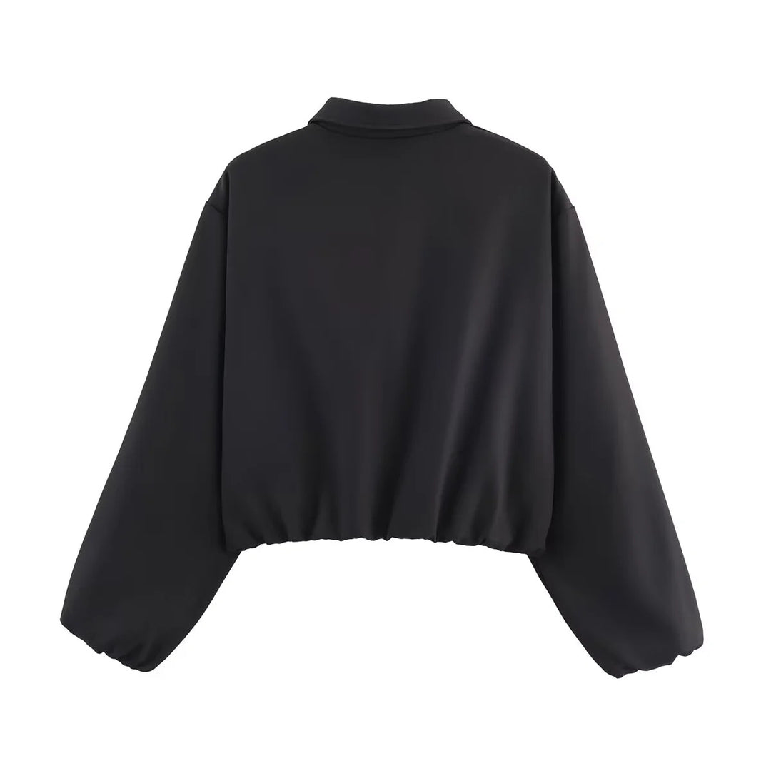 Damen nan cropped Blousonjacke mit Reißverschluss, Hemdkragen, Eingrifftaschen und elastischem Saum Drune